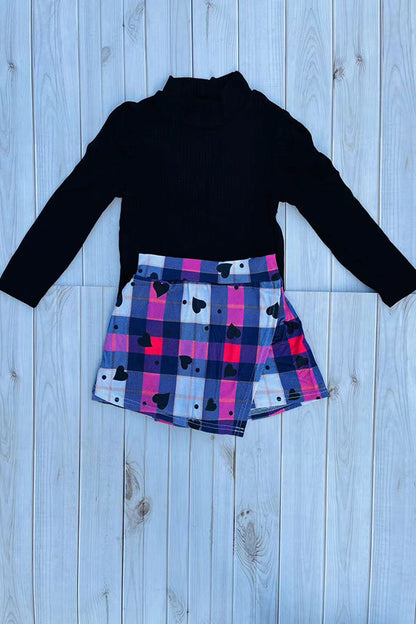 DLH2840 Knitted black puff long sleeve top & plaid shorts 2pc girls sets