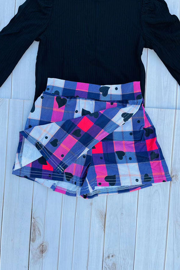 DLH2840 Knitted black puff long sleeve top & plaid shorts 2pc girls sets