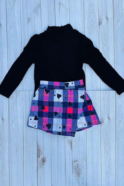 DLH2840 Knitted black puff long sleeve top & plaid shorts 2pc girls sets