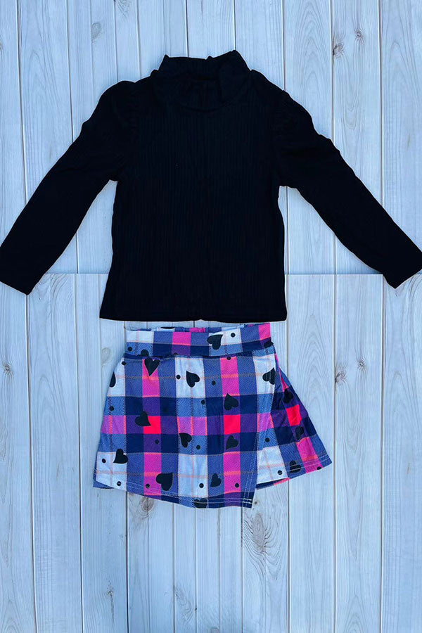 DLH2840 Knitted black puff long sleeve top & plaid shorts 2pc girls sets