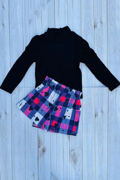 DLH2840 Knitted black puff long sleeve top & plaid shorts 2pc girls sets