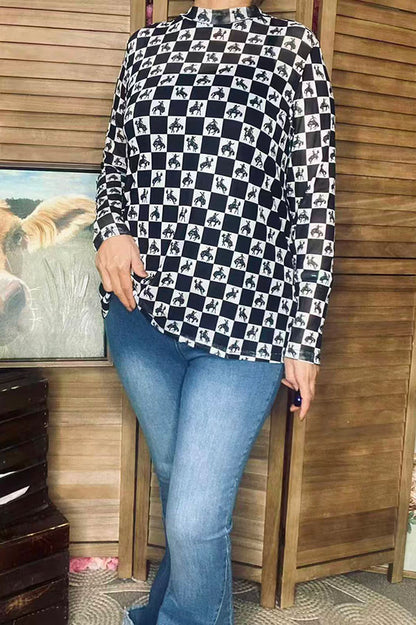Western horse riding & checkered printed sheer long sleeve mesh women top XCH16860