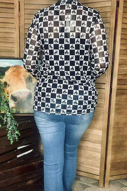 Western horse riding & checkered printed sheer long sleeve mesh women top XCH16860