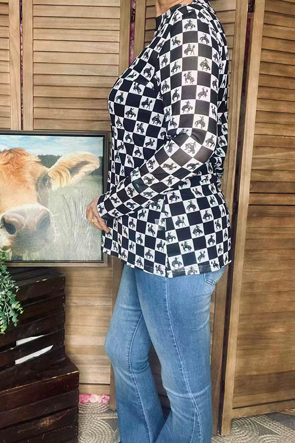 Western horse riding & checkered printed sheer long sleeve mesh women top XCH16860