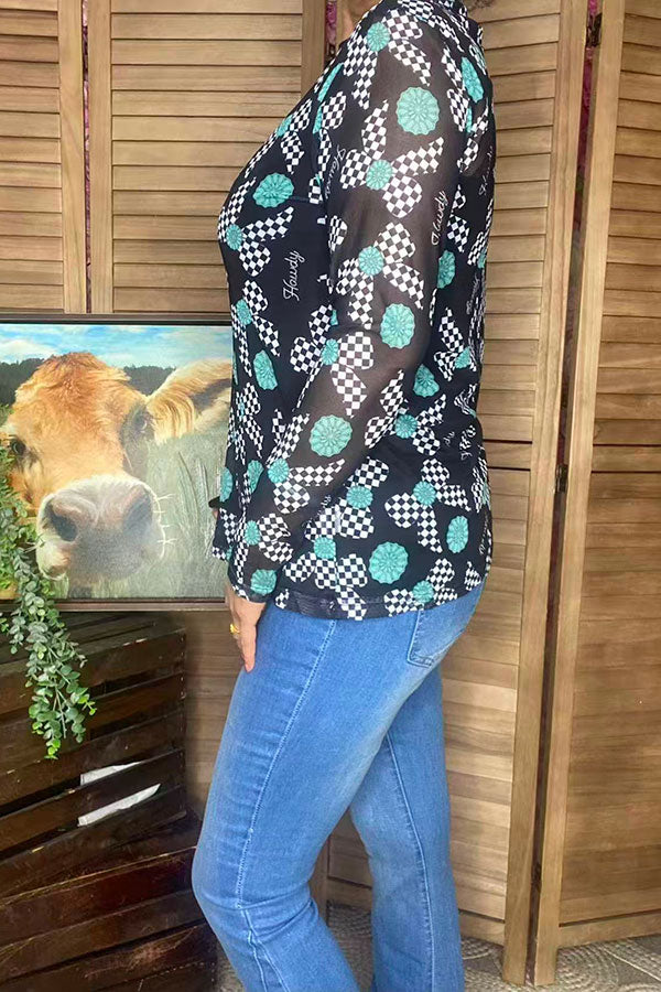 Howdy & checkered bow printed sheer long sleeve mesh women top XCH16861