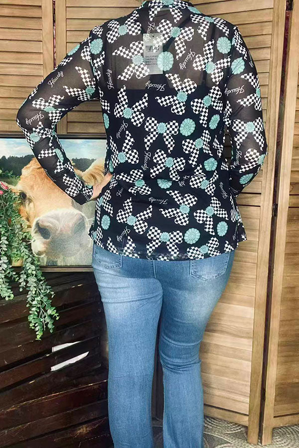 Howdy & checkered bow printed sheer long sleeve mesh women top XCH16861
