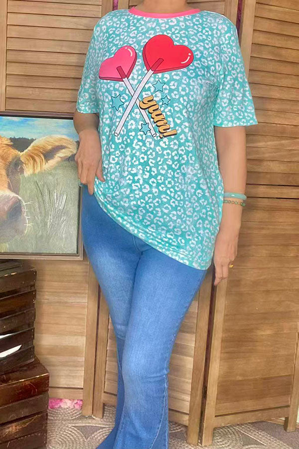 Mint leopard & red hearts printed short sleeve women top XCH14650