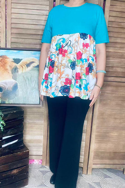 Women's clothing vendors Turquoise&  Paisley floral prints baby doll tops GJQ14904