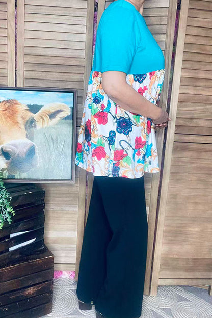 Women's clothing vendors Turquoise&  Paisley floral prints baby doll tops GJQ14904