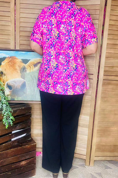 Floral printed short sleeve V-neckline women tops w/side slits GJQ15843