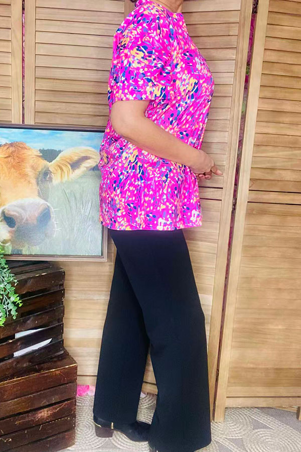 Floral printed short sleeve V-neckline women tops w/side slits GJQ15843