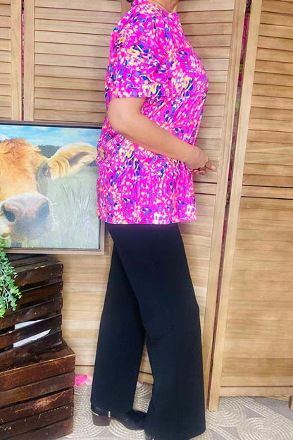 Floral printed short sleeve V-neckline women tops w/side slits GJQ15843