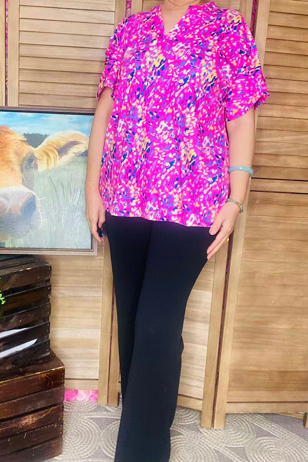 Floral printed short sleeve V-neckline women tops w/side slits GJQ15843