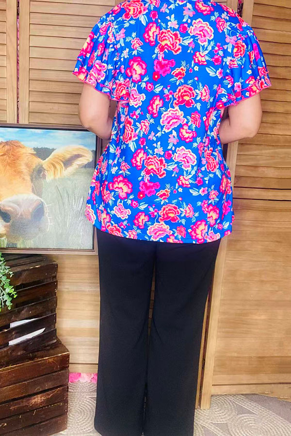 Floral printed blue double ruffle bell short sleeve women's blouse GJQ16191