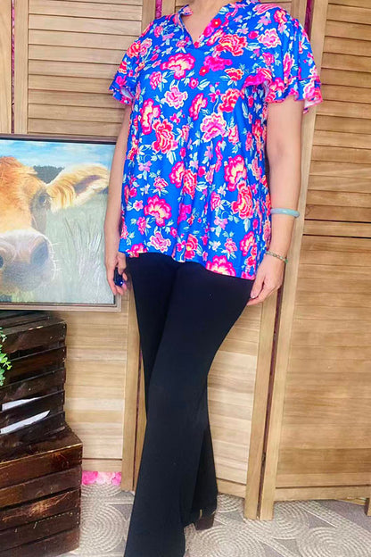 Floral printed blue double ruffle bell short sleeve women's blouse GJQ16191