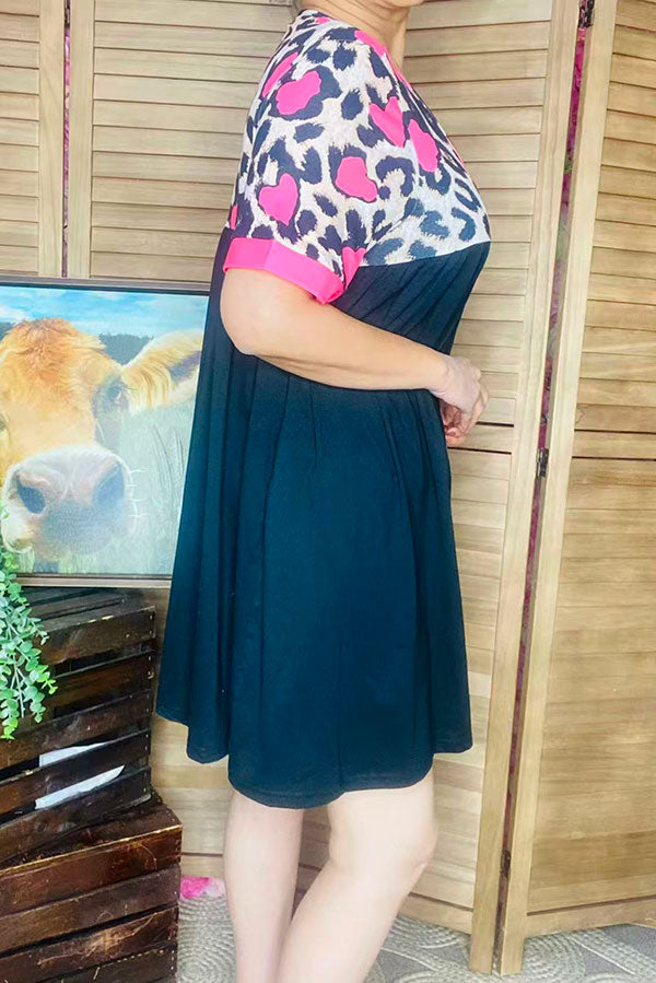 Hearts & leopard printed & Black short sleeve baby doll women dress XCH14683