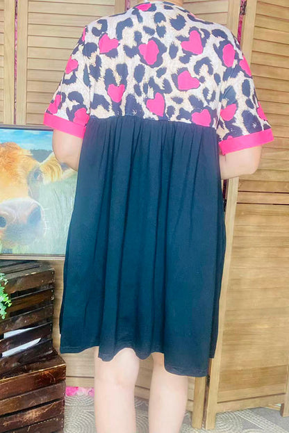 Hearts & leopard printed & Black short sleeve baby doll women dress XCH14683