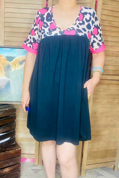Hearts & leopard printed & Black short sleeve baby doll women dress XCH14683