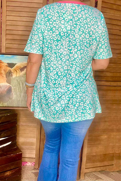 Mint leopard & red hearts printed short sleeve women top XCH14650