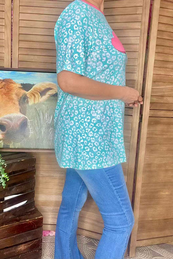 Mint leopard & red hearts printed short sleeve women top XCH14650
