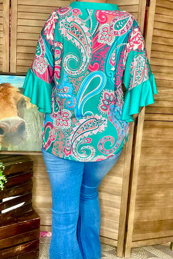 Western paisley printed ruffle bell sleeves women top GJQ16628