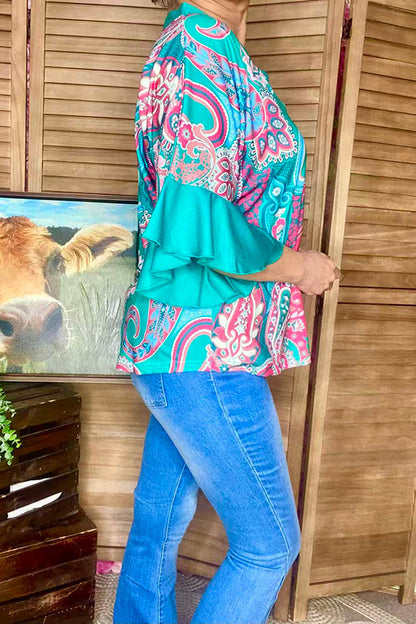 Western paisley printed ruffle bell sleeves women top GJQ16628