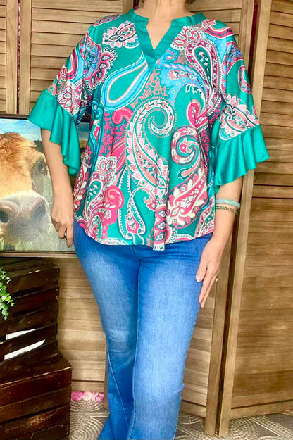 Western paisley printed ruffle bell sleeves women top GJQ16628