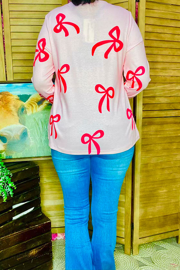 Bows printed & pearls pink long sleeve women shirts XCH16785