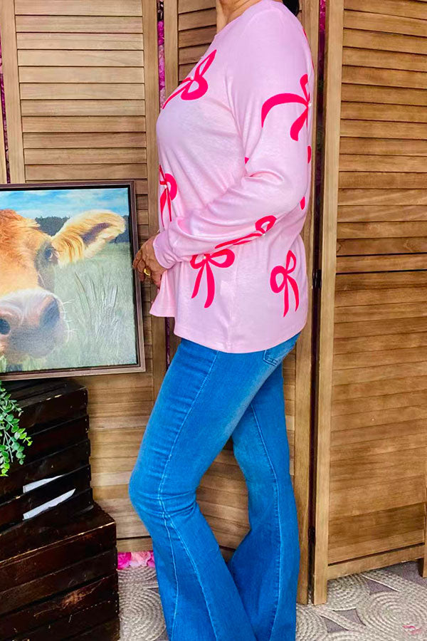 Bows printed & pearls pink long sleeve women shirts XCH16785