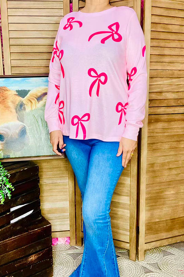 Bows printed & pearls pink long sleeve women shirts XCH16785