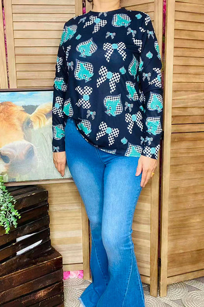 Western riding horse turquoise & green & checkered long sleeve top XCH16871