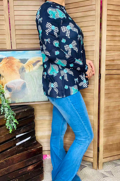 Western riding horse turquoise & green & checkered long sleeve top XCH16871