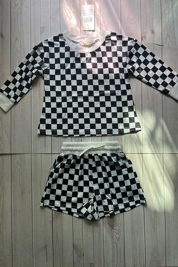 Mom and me checkered printed long sleeve top & shorts 2pc girls sets XCH04048
