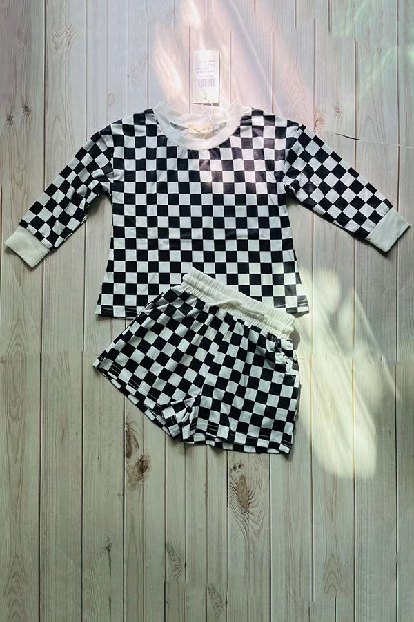 Mom and me checkered printed long sleeve top & shorts 2pc girls sets XCH04048