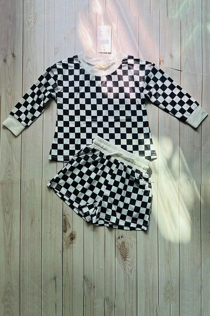 Mom and me checkered printed long sleeve top & shorts 2pc girls sets XCH04048