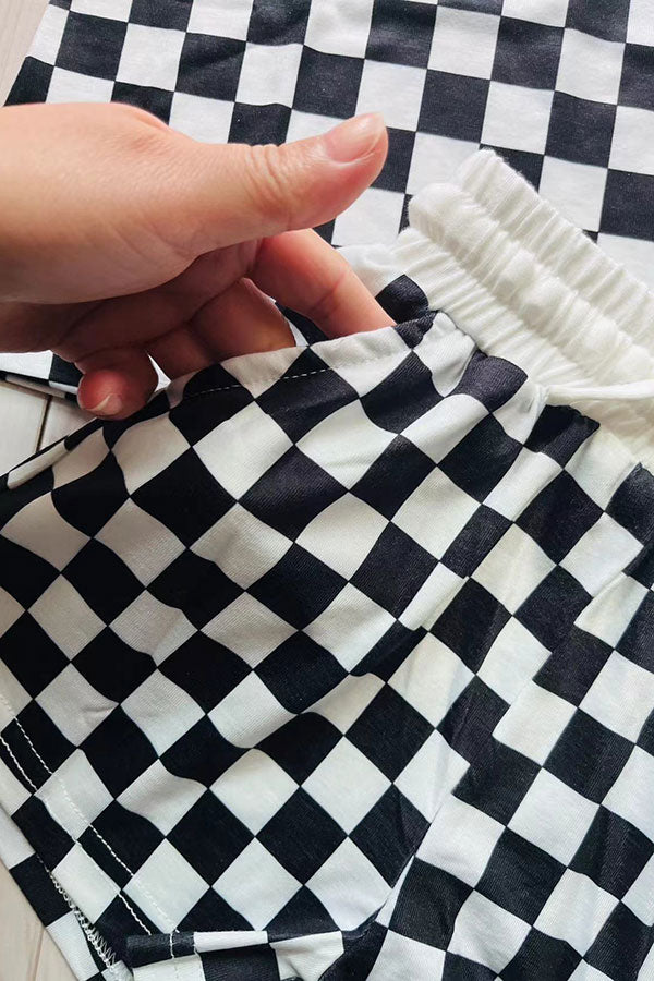 Mom and me checkered printed long sleeve top & shorts 2pc girls sets XCH04048