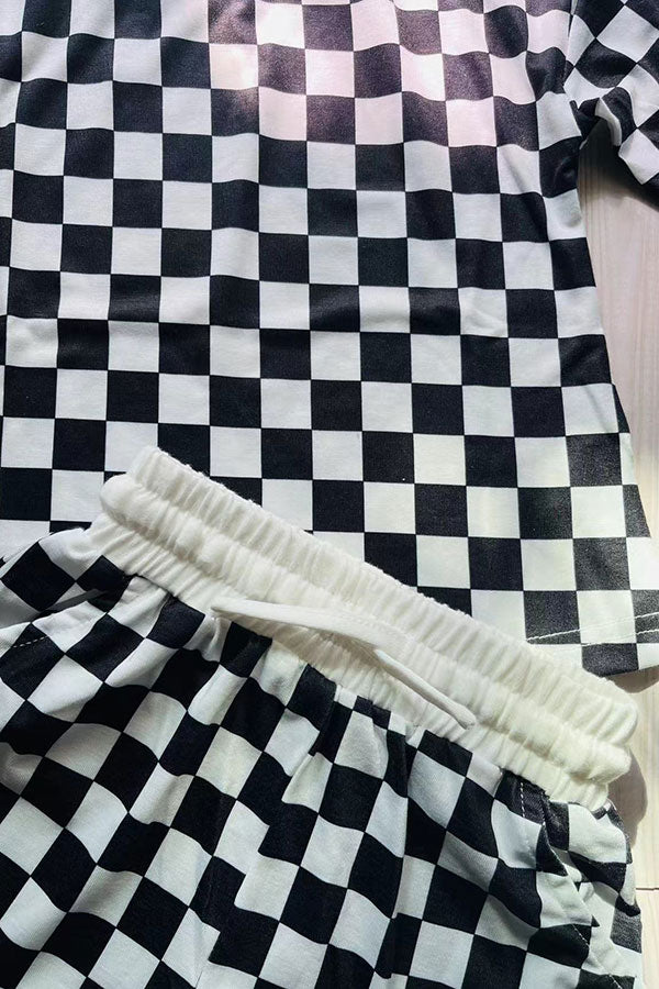 Mom and me checkered printed long sleeve top & shorts 2pc girls sets XCH04048