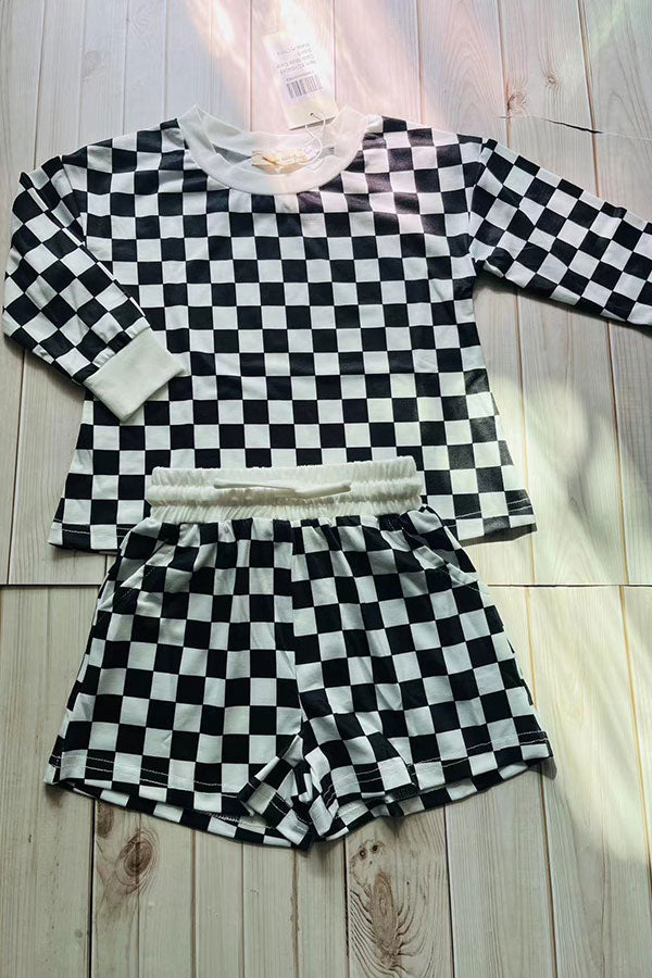 Mom and me checkered printed long sleeve top & shorts 2pc girls sets XCH04048