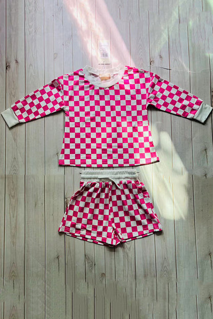 Pink checkered printed long sleeve top & shorts 2pc girls sets XCH04047