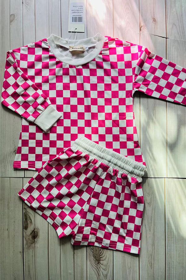 Pink checkered printed long sleeve top & shorts 2pc girls sets XCH04047