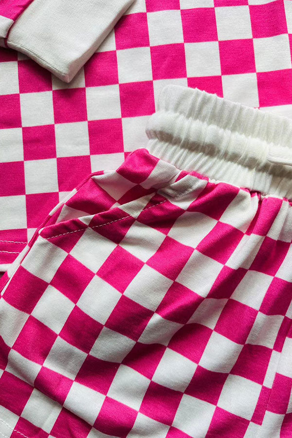 Pink checkered printed long sleeve top & shorts 2pc girls sets XCH04047