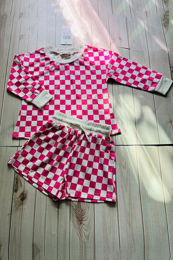 Pink checkered printed long sleeve top & shorts 2pc girls sets XCH04047