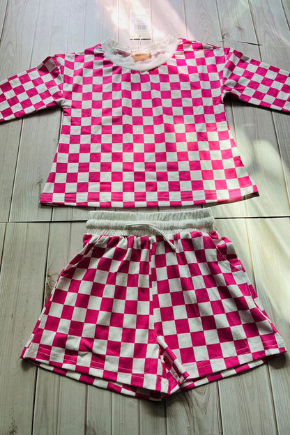 Pink checkered printed long sleeve top & shorts 2pc girls sets XCH04047