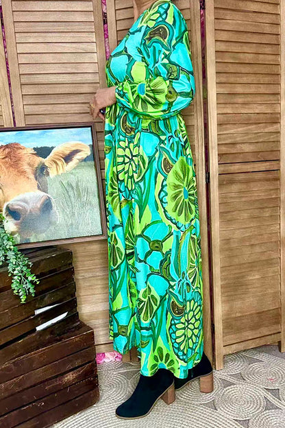Green & turquoise spring long sleeve maxi women dress GJQ16395
