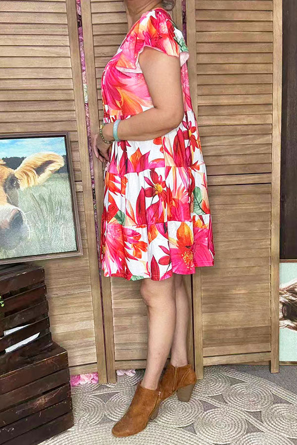 Floral printed ruffle hem cap short sleeve women dress GJQ16442