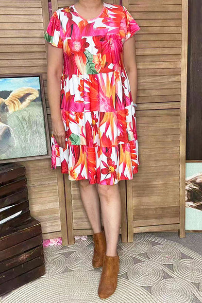 Floral printed ruffle hem cap short sleeve women dress GJQ16442