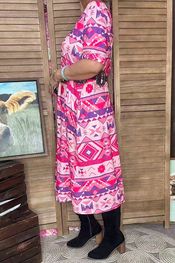 Women's clothes suppliers Aztec printed short sleeve dress w/side pockets GJQ15744
