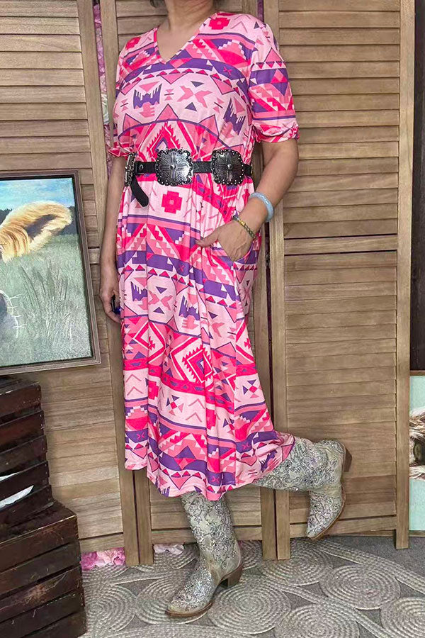 Women's clothes suppliers Aztec printed short sleeve dress w/side pockets GJQ15744