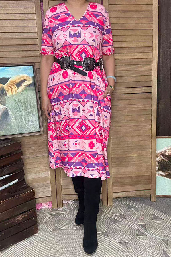 Women's clothes suppliers Aztec printed short sleeve dress w/side pockets GJQ15744