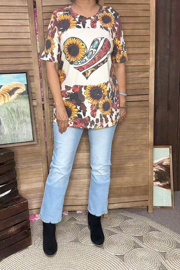 Valentine Sunflower & Jewel & Paisley hearts print short sleeve women top DLH12411